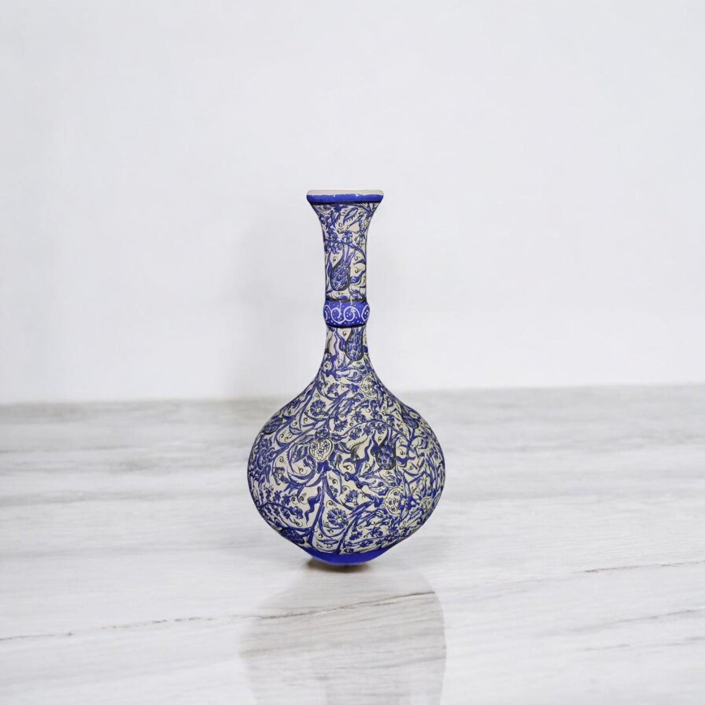 Handmade Turkish Ceramic Vase – 12" Blue Floral Pottery Vase, Decorative Anatolian Vase, Collectible Hand-Painted Vase