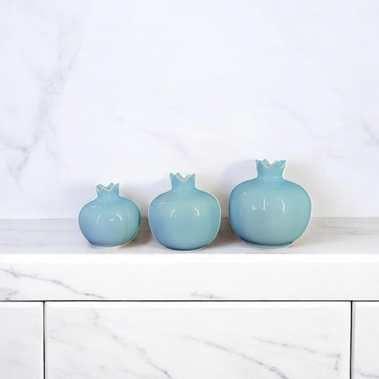Handmade Blue Ceramic Pomegranate Set – Set of 3 Decorative Turkish Pottery Vases, Unique Table Centerpiece