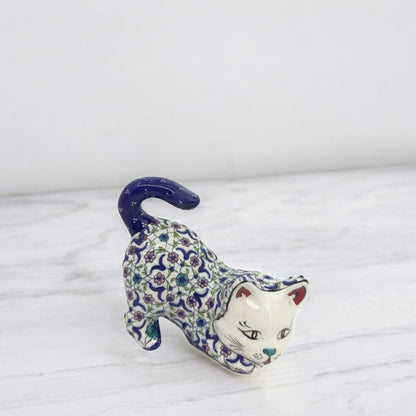 Hand-Painted Ceramic Cat Figurine – Turkish Blue Floral Ornament for Home Decor, Unique Valentine's Day Gift Idea for Cat Lovers