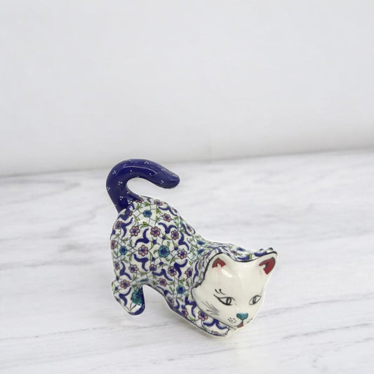 Hand-Painted Ceramic Cat Figurine – Turkish Blue Floral Ornament for Home Decor, Unique Valentine's Day Gift Idea for Cat Lovers