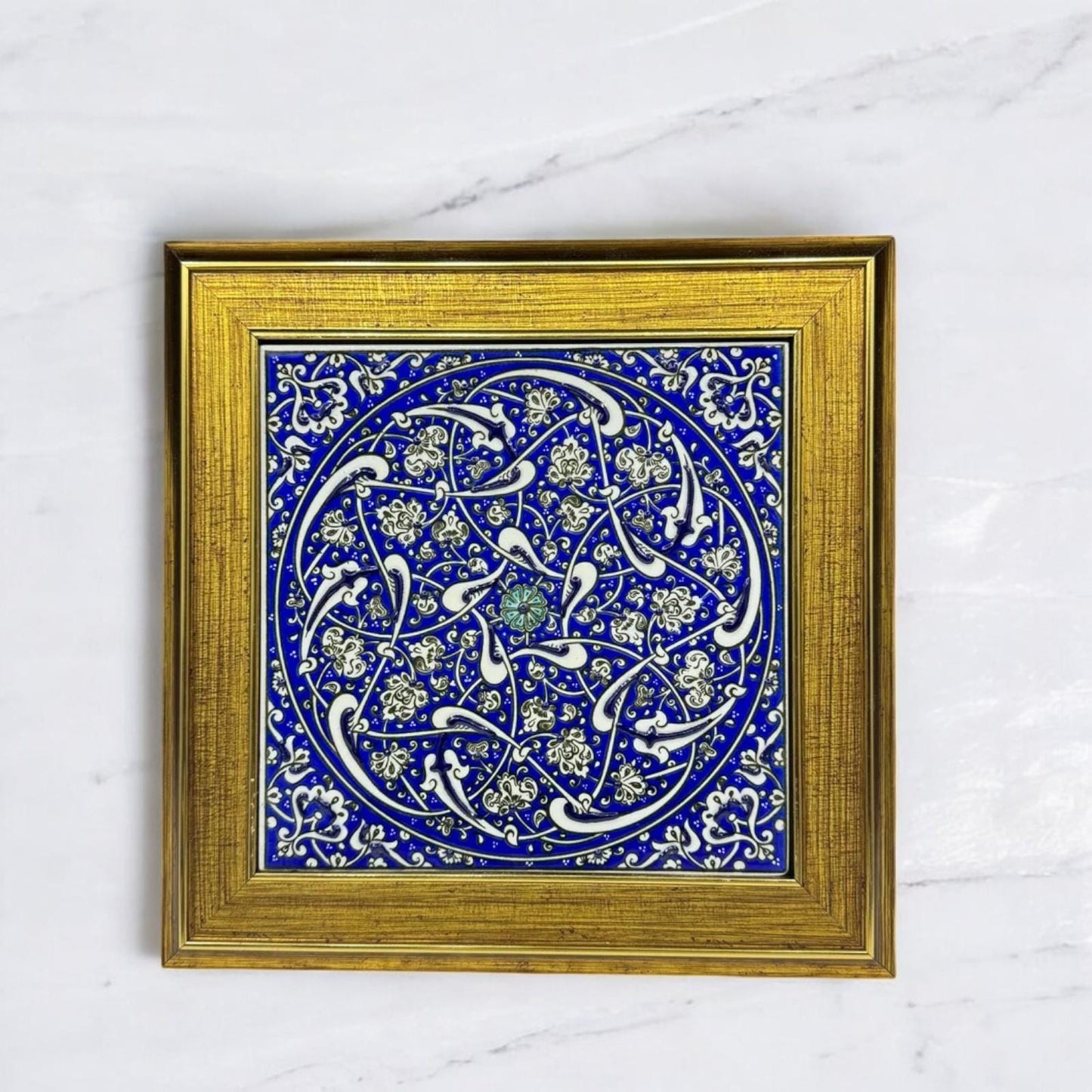 Handmade Blue Floral Ceramic Tile Wall Art – Framed Turkish Pottery Hanging Decor, Ideal Housewarming Gift