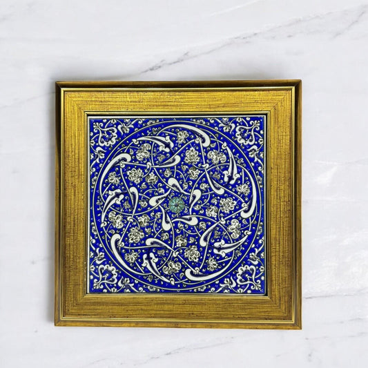 Handmade Blue Floral Ceramic Tile Wall Art – Framed Turkish Pottery Hanging Decor, Ideal Housewarming Gift