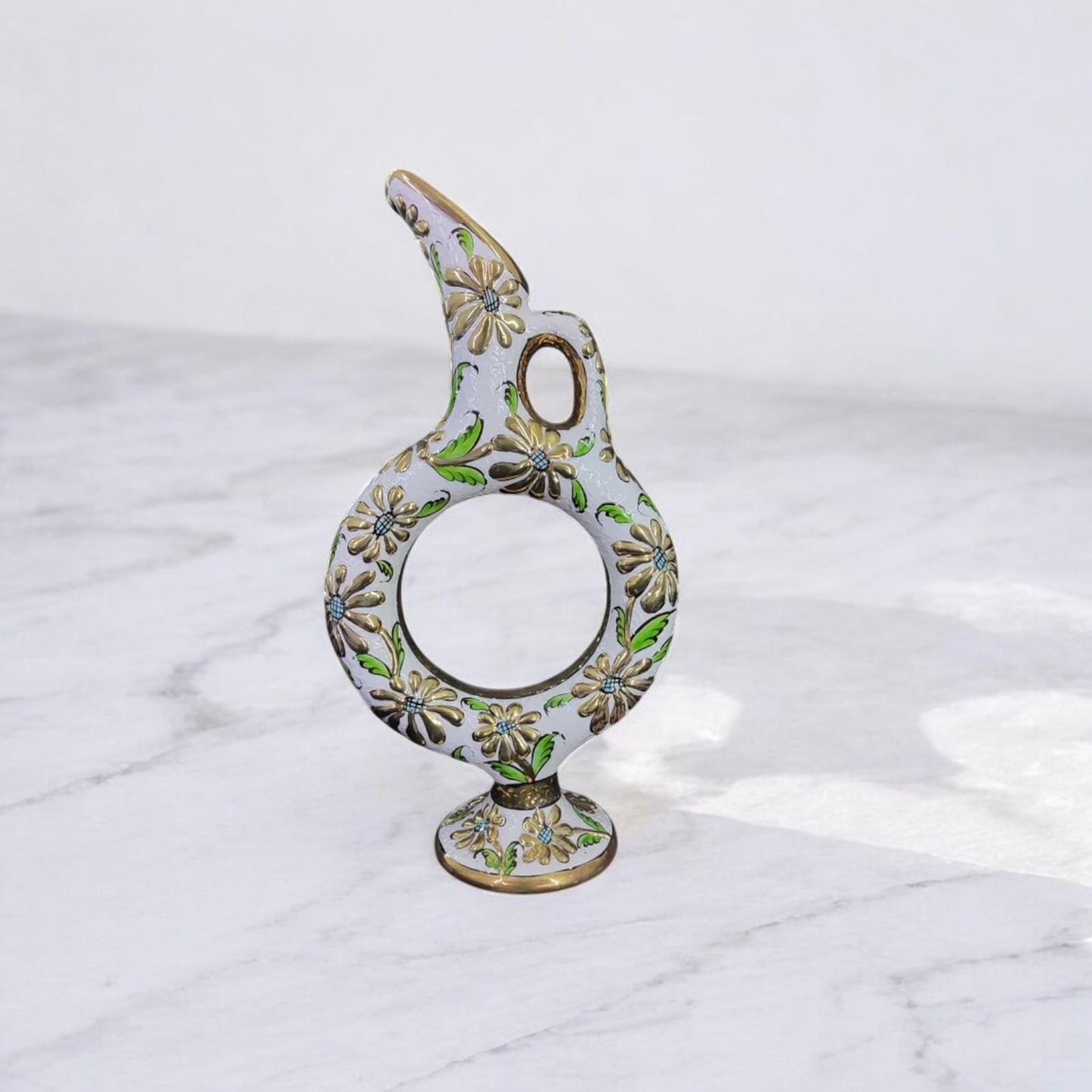 Handmade Turkish Hittite Ceramic Pitcher with Gold Floral Design – Traditional Collectible Pottery Vase