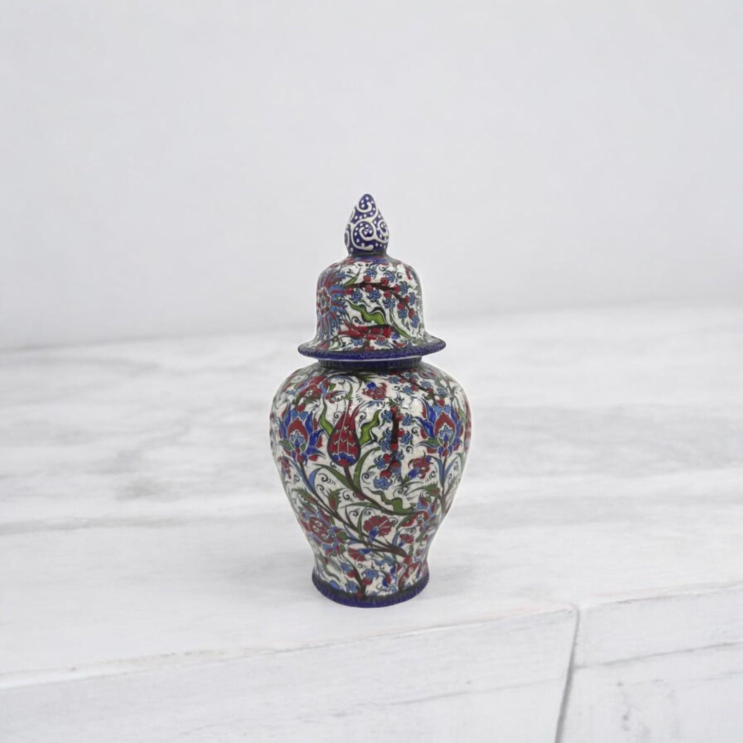 Handmade Floral Ceramic Vase with Lid: Turkish Anatolian Pottery (10")