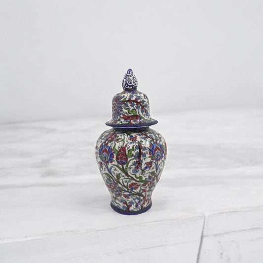 Hand-Painted Floral Ceramic Vase with Lid – Colorful 12" Handmade Pottery, Decorative Modern Design, Rare Collectible Piece
