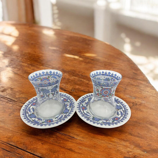 Handmade Turkish Ceramic Tea Set for Two – Traditional Glass Teacups with Saucers, Ideal Housewarming Gift