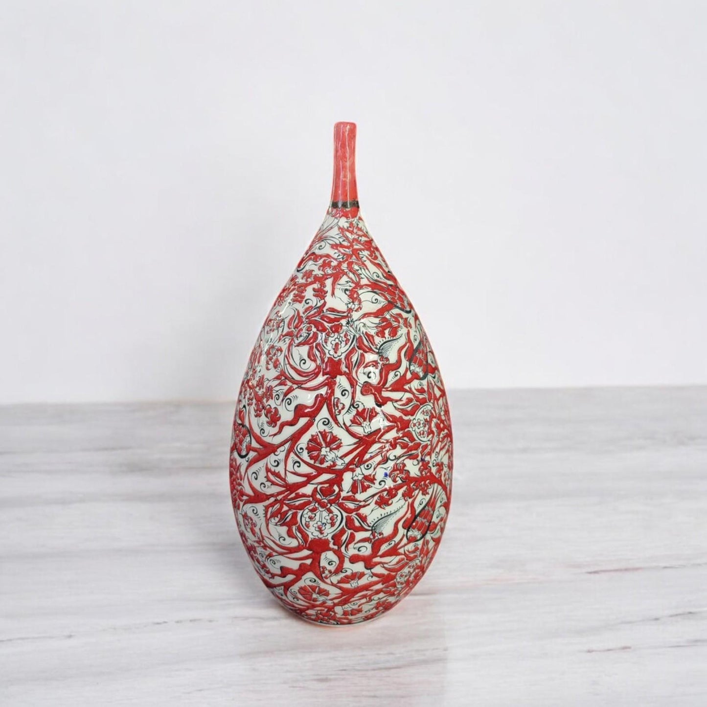 Handmade 12" Red Ceramic Vase – Glazed Embossed Floral Design, Traditional Decorative Pottery, Ideal Housewarming Gift