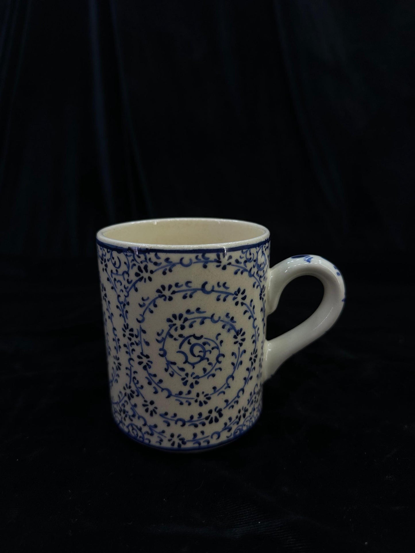 Hand-Painted Turkish Ceramic Mug – Blue Floral Spiral Design, Unique Coffee or Tea Cup, Perfect Gift for Art and Tea Lovers
