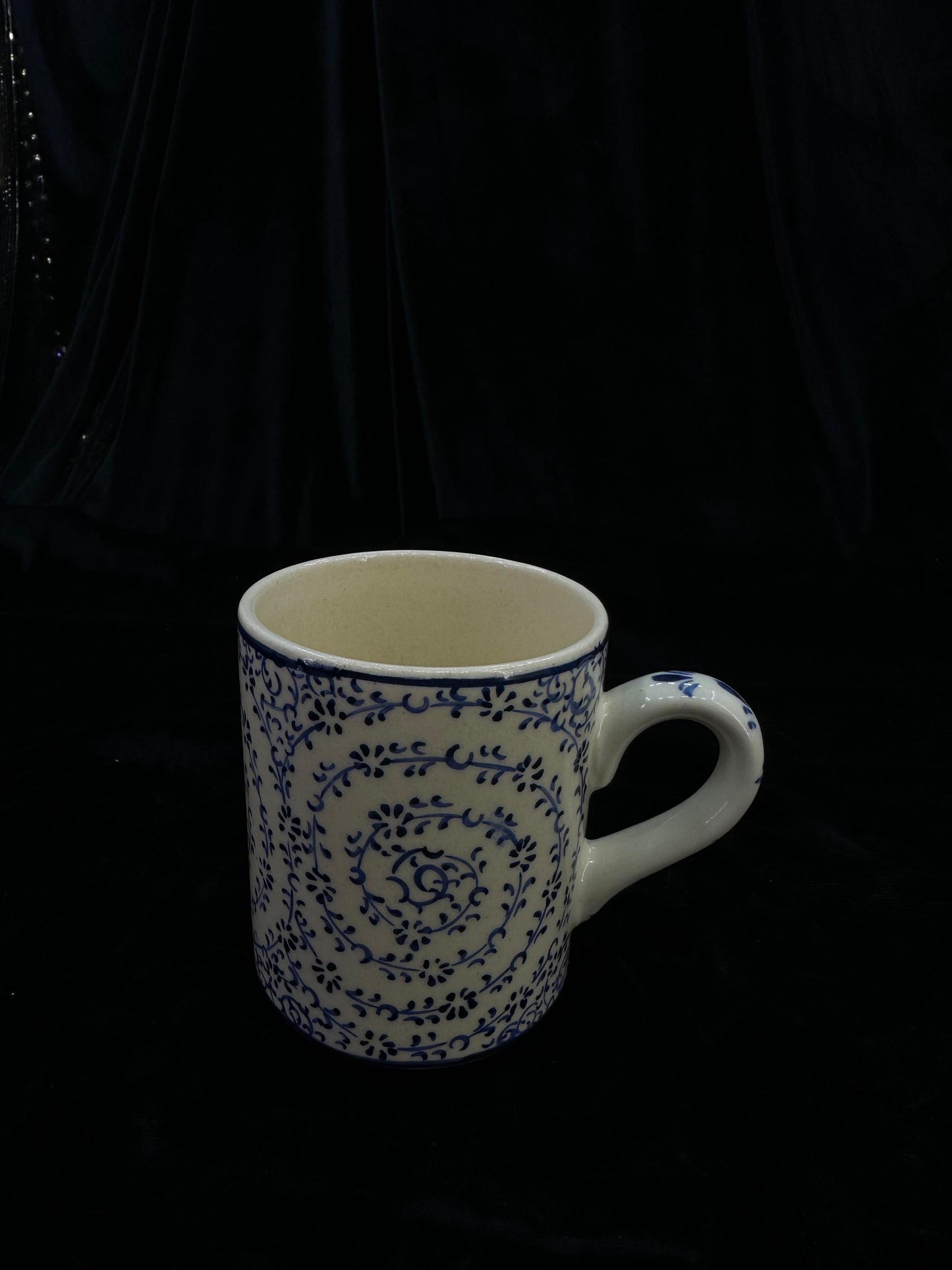 Hand-Painted Turkish Ceramic Mug – Blue Floral Spiral Design, Unique Coffee or Tea Cup, Perfect Gift for Art and Tea Lovers