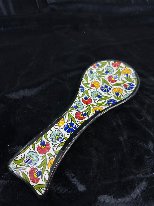 Hand-Painted Turkish Ceramic Spoon Rest – Colorful Floral Design, Unique Kitchen Accessory, Artisan Gift, 1 Piece