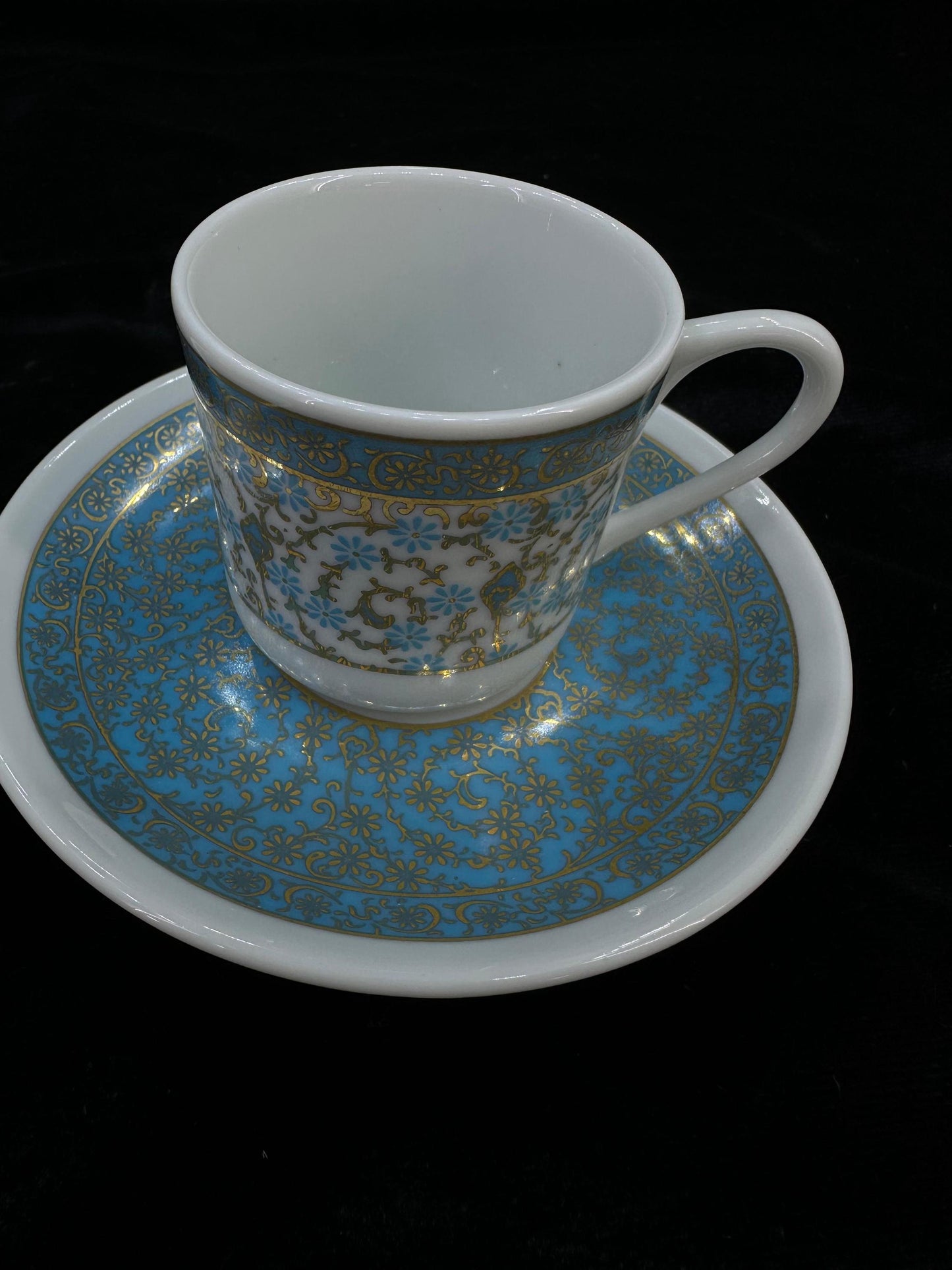 porcelain coffee set, gold coffee cup, turkish espresso cup, luxury coffee gift, handmade cup set, blue floral decor