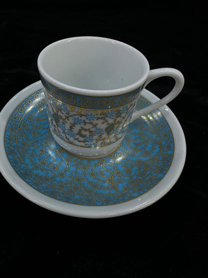 porcelain coffee set, gold coffee cup, turkish espresso cup, luxury coffee gift, handmade cup set, blue floral decor
