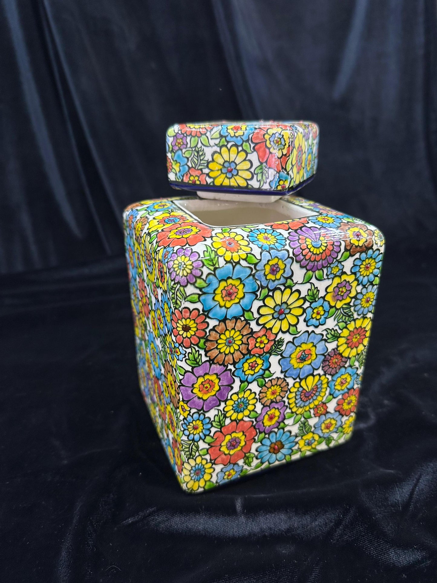 Handmade Turkish Ceramic Jar with Lid - Colorful Floral Pottery