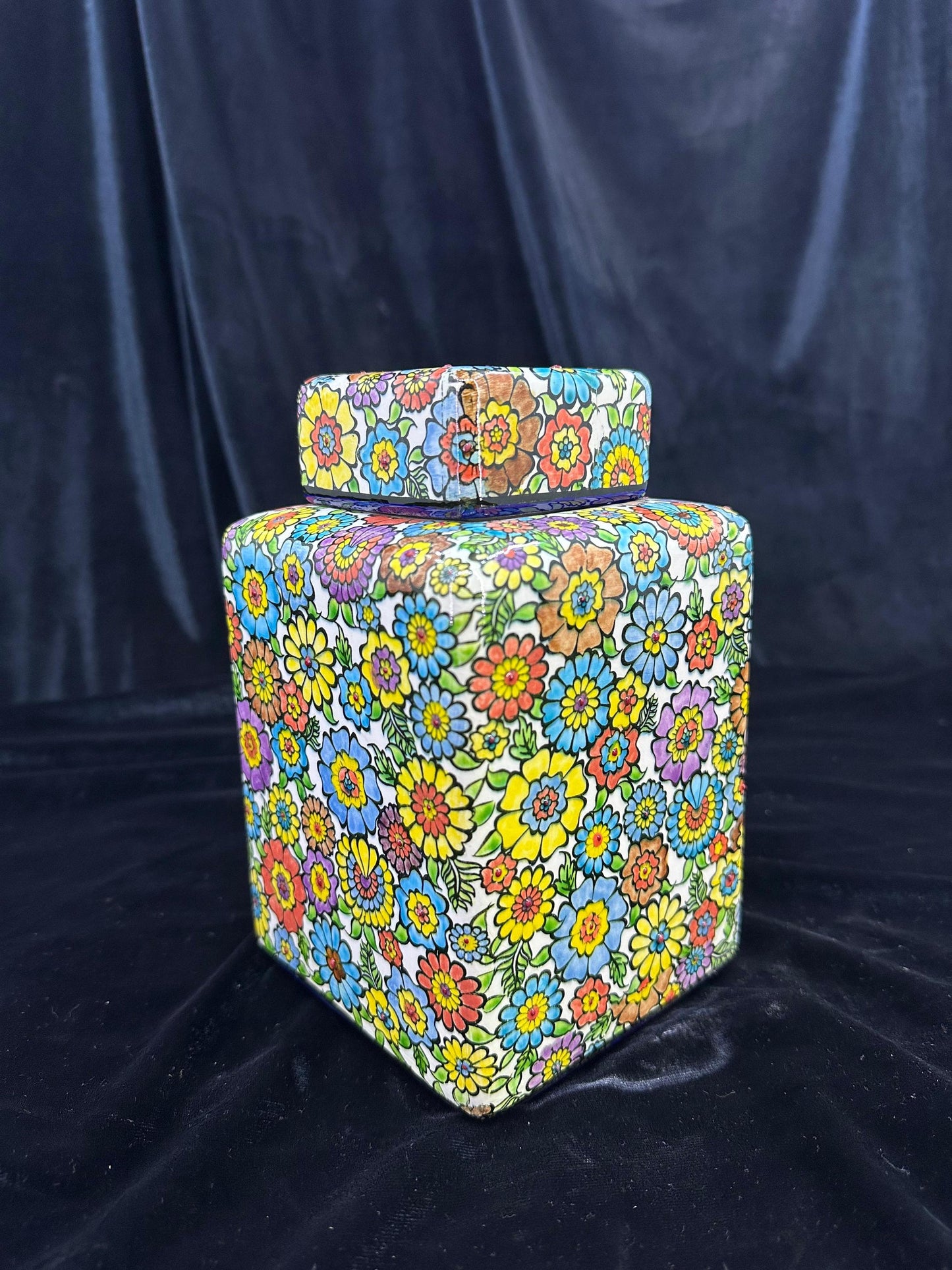 Handmade Turkish Ceramic Jar with Lid - Colorful Floral Pottery