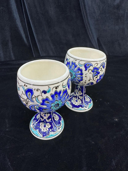 Handmade Ceramic Goblet Set of 2 - Traditional Turkish Design - Decorative Blue and White Chalices - Unique Gift for Wine Lovers