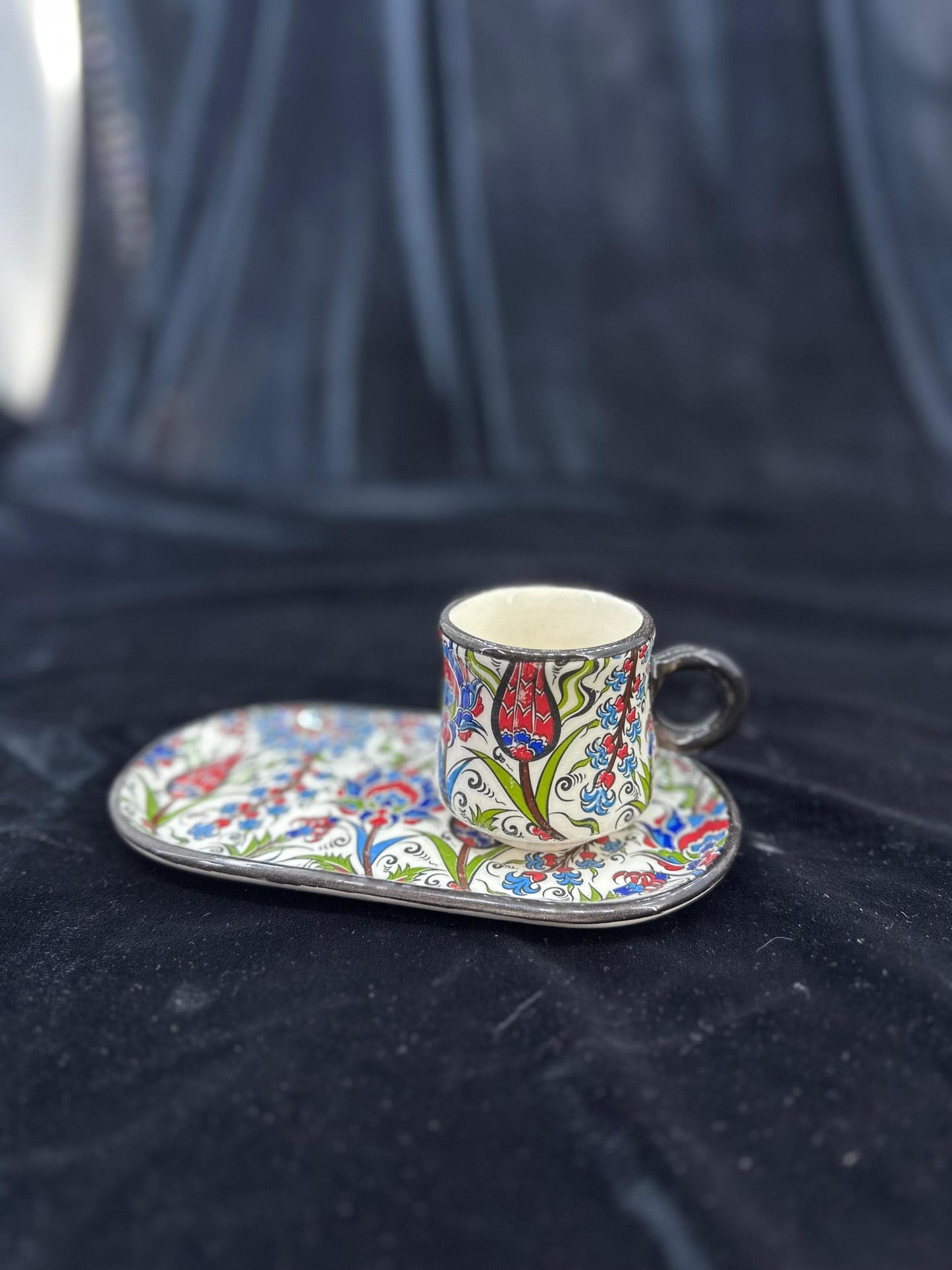 Handmade Turkish Coffee Cup Set with Tray | Ottoman Floral Ceramic Espresso Cup | Unique Gift for Coffee Lovers
