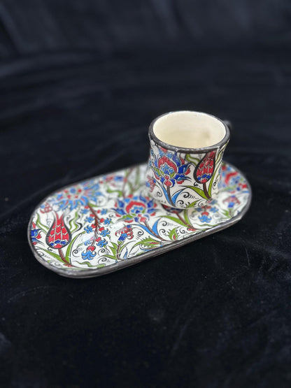 Handmade Turkish Coffee Cup Set with Tray | Ottoman Floral Ceramic Espresso Cup | Unique Gift for Coffee Lovers