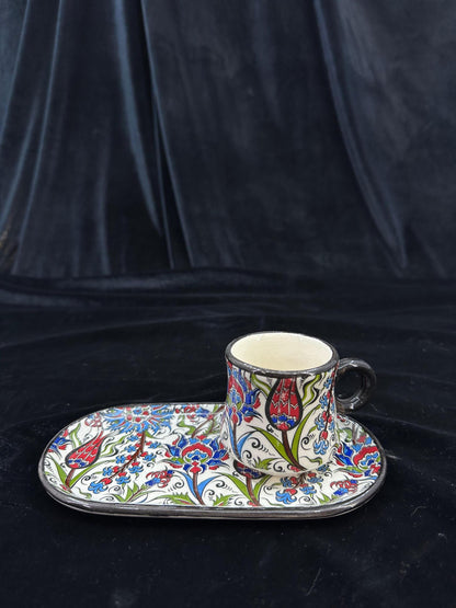 Handmade Turkish Coffee Cup Set with Tray | Ottoman Floral Ceramic Espresso Cup | Unique Gift for Coffee Lovers