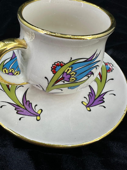 Hand-Painted Turkish Coffee Cup Set, Gold Trim, Floral Design, Ceramic, Gift for Coffee Lovers