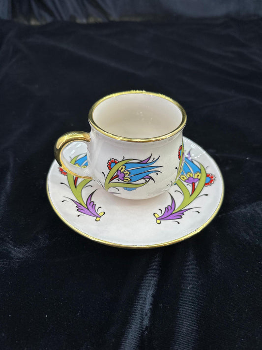 Hand-Painted Turkish Coffee Cup Set, Gold Trim, Floral Design, Ceramic, Gift for Coffee Lovers