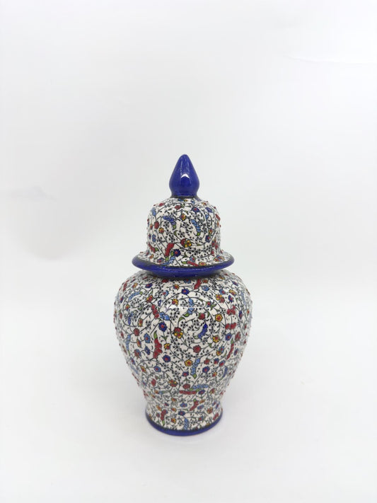 handcrafted ceramic jar,ottoman vase with lid,turkish pottery jar,floral embossed jar,decorative storage jar,artisan ceramic vase,gift idea