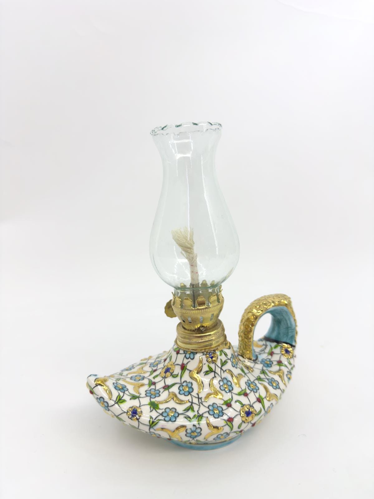 Hand-Painted Turkish Oil Lamp: Vintage Floral Ceramic Gaz Lamp