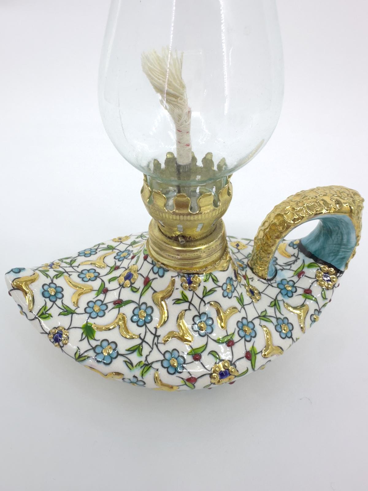 Hand-Painted Turkish Oil Lamp: Vintage Floral Ceramic Gaz Lamp