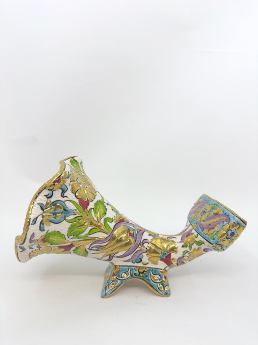 Handcrafted Ceramic Gramophone-Style Phone Amplifier, Turkish Floral Design with Gold Accents – Unique Home Decor & Gift Idea