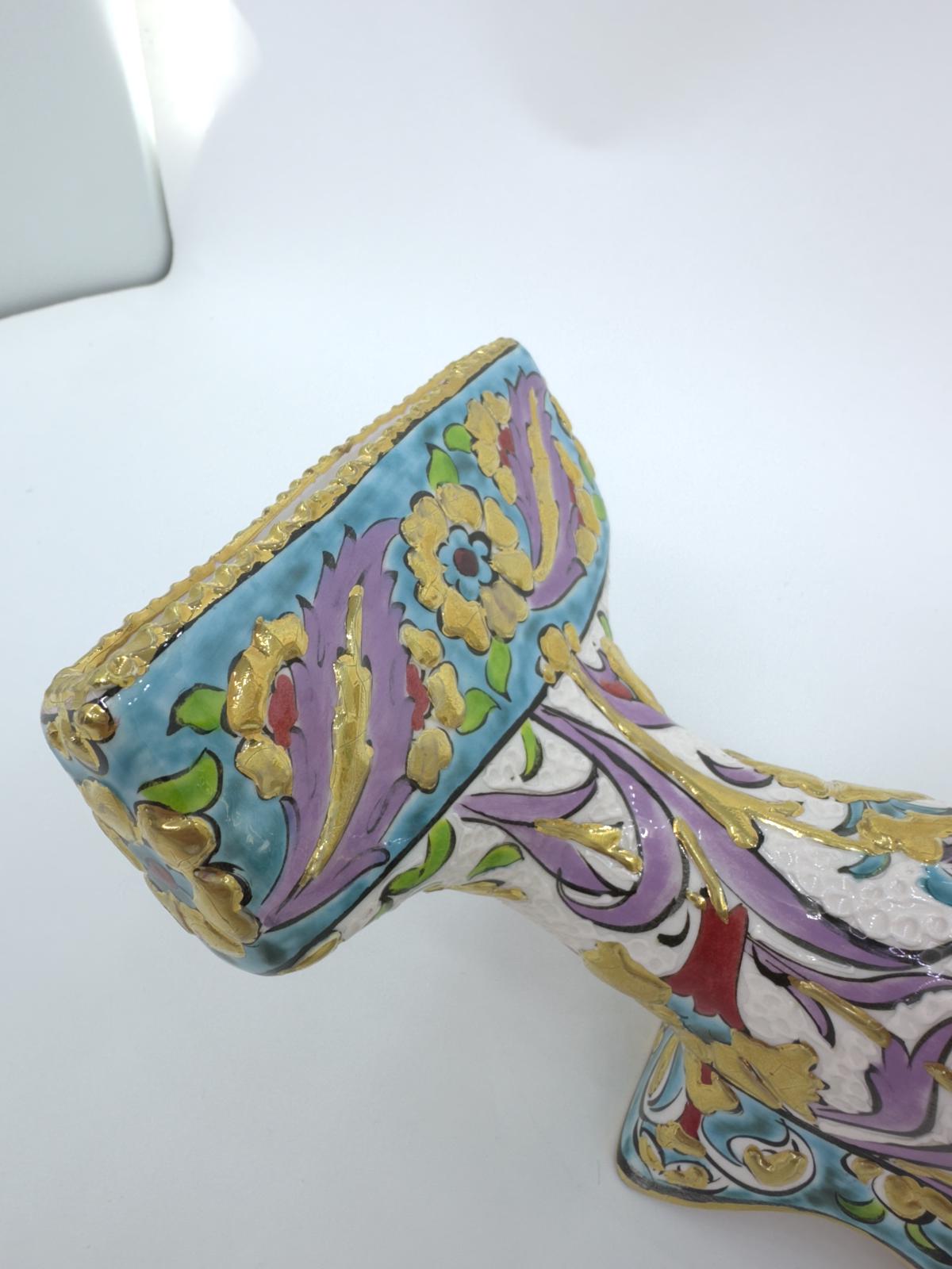 Handcrafted Ceramic Gramophone-Style Phone Amplifier, Turkish Floral Design with Gold Accents – Unique Home Decor & Gift Idea