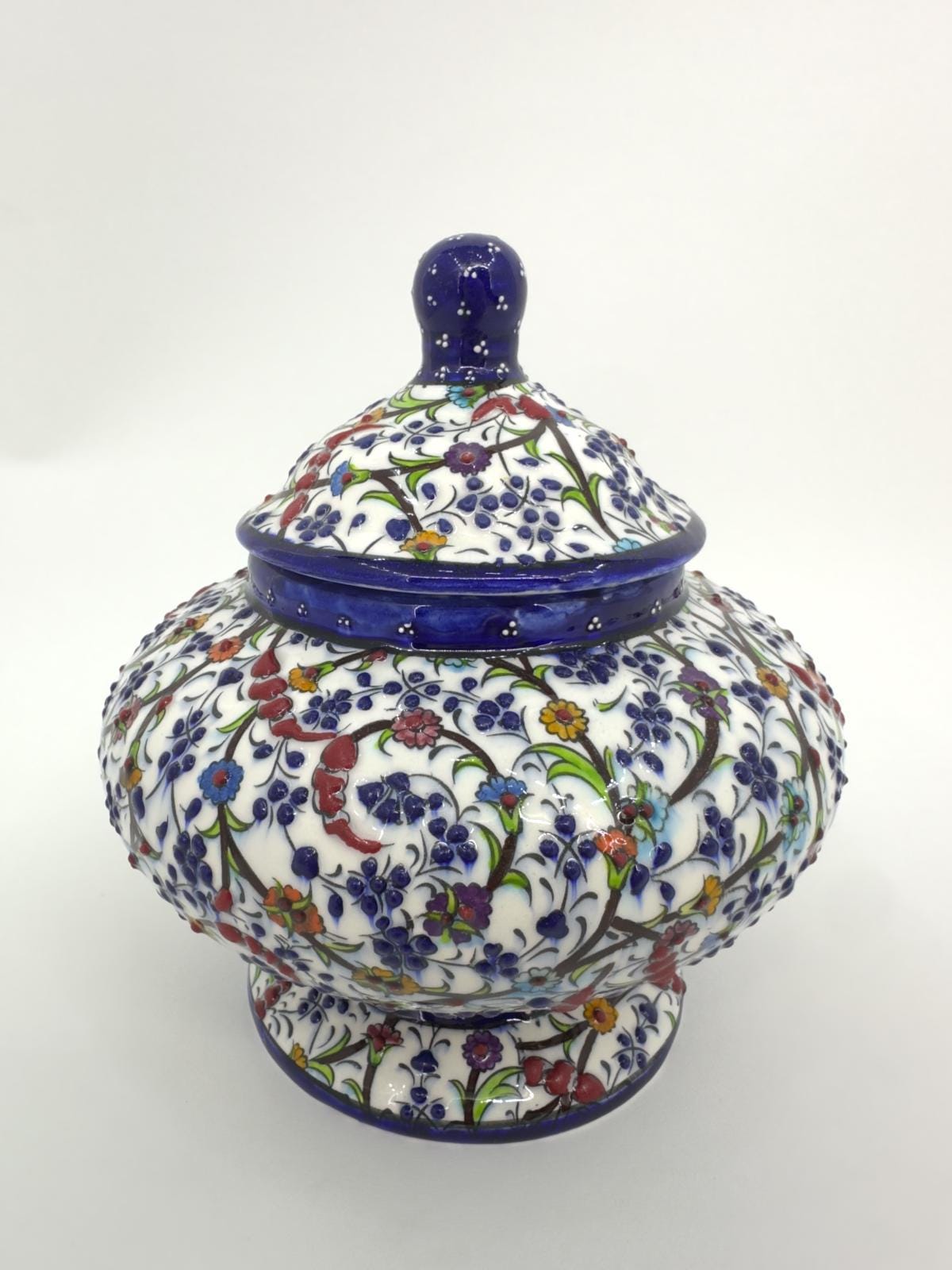 Handmade Turkish Ceramic Honey Jar - Floral Design Sugar Bowl - Iznik Style Decorative Keepsake - Unique Gift for Home or Kitchen Decor