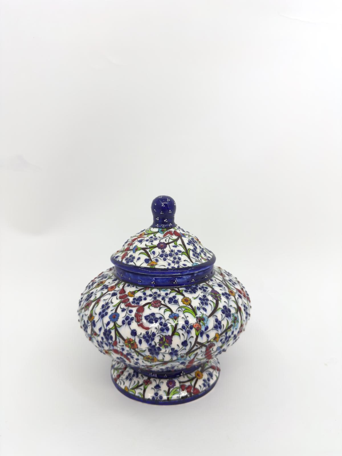Handmade Turkish Ceramic Honey Jar - Floral Design Sugar Bowl - Iznik Style Decorative Keepsake - Unique Gift for Home or Kitchen Decor