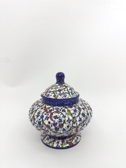Handmade Turkish Ceramic Honey Jar - Floral Design Sugar Bowl - Iznik Style Decorative Keepsake - Unique Gift for Home or Kitchen Decor