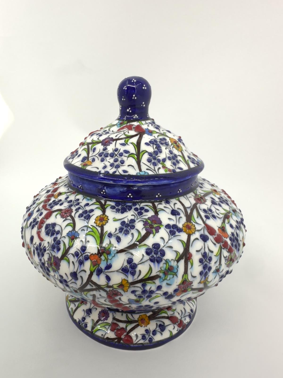 Handmade Turkish Ceramic Honey Jar - Floral Design Sugar Bowl - Iznik Style Decorative Keepsake - Unique Gift for Home or Kitchen Decor