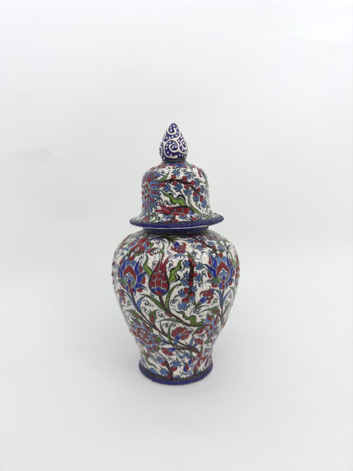 Handmade Floral Ceramic Vase with Lid: Turkish Anatolian Pottery (10")