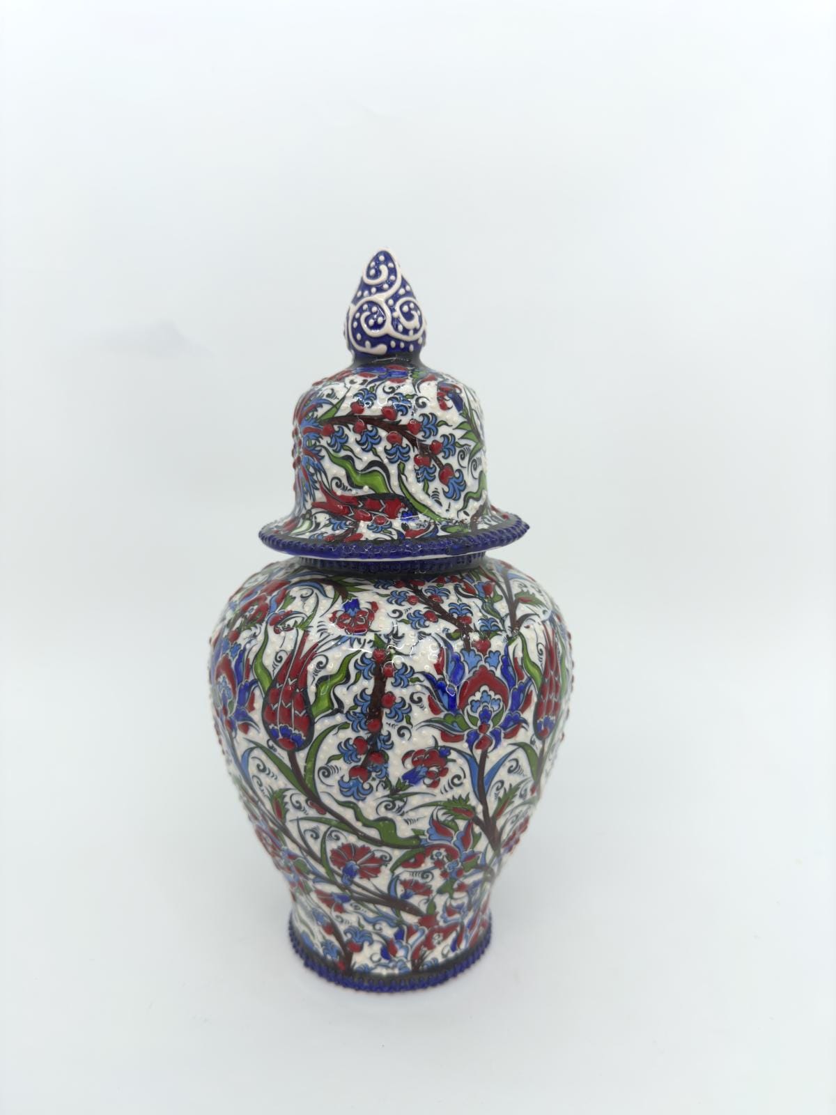 Handmade Floral Ceramic Vase with Lid: Turkish Anatolian Pottery (10")
