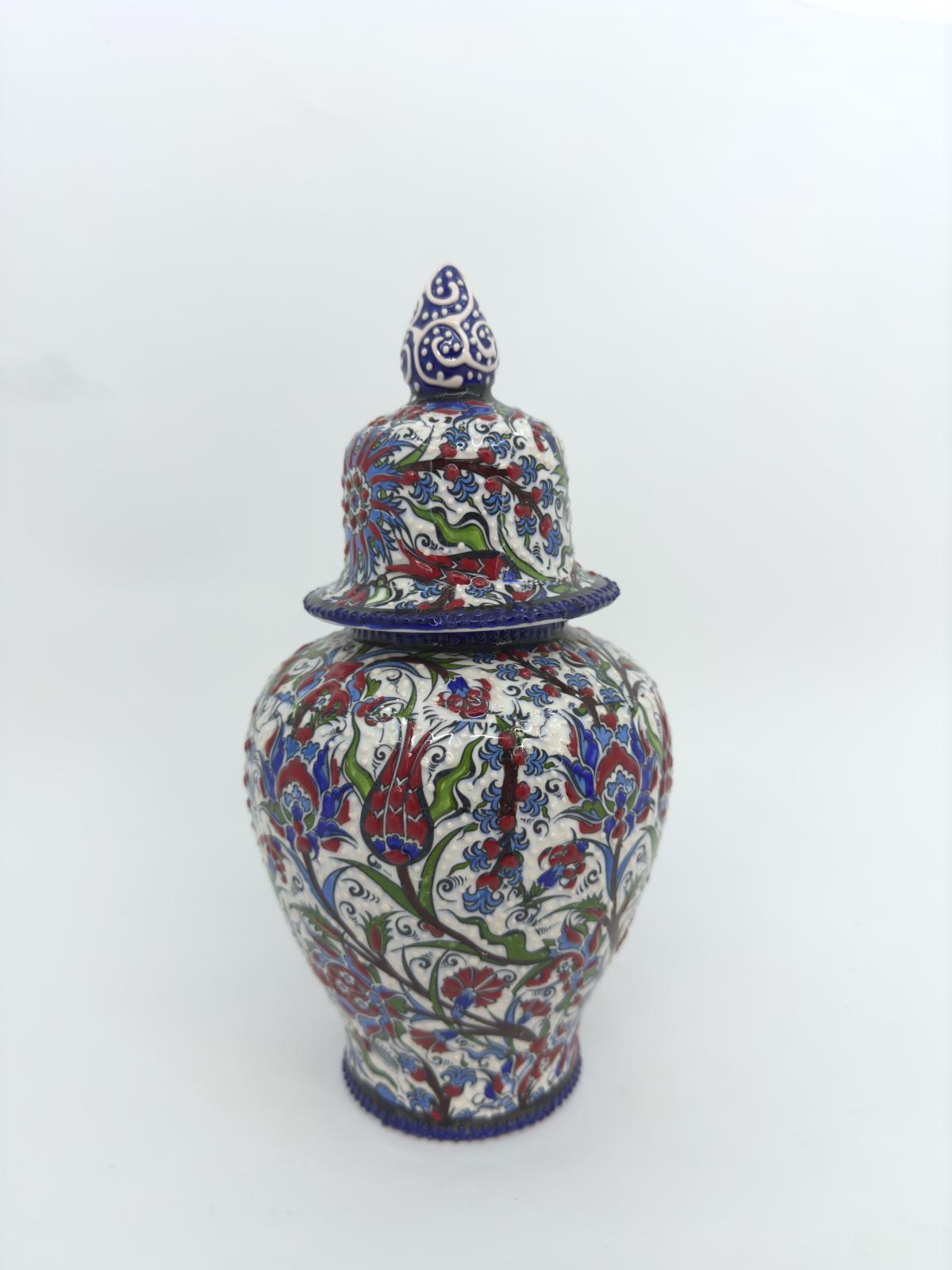 Handmade Floral Ceramic Vase with Lid: Turkish Anatolian Pottery (10")