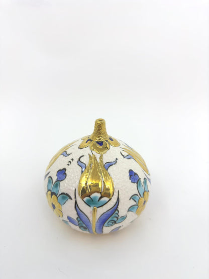 Handmade Ceramic Fig Decor – Turkish Iznik Style Ornament, Gold Accents, Unique Valentine's Day Gift for Home or Office