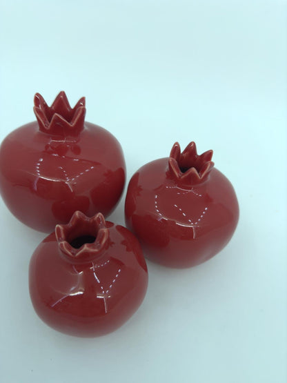Handmade Red Ceramic Pomegranate Set – Set of 3 Decorative Turkish Pottery Vases, Unique Table Centerpiece