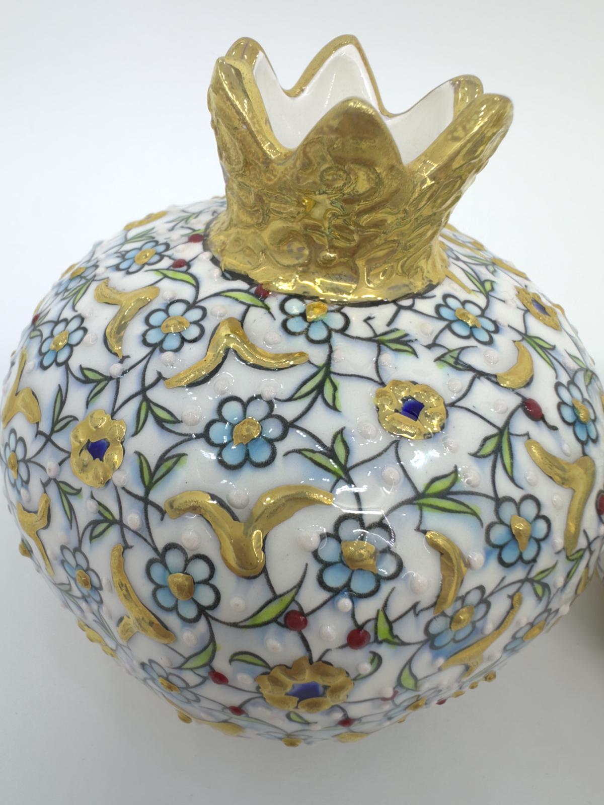 Hand-Painted Turkish Ceramic Luxury Pomegranate Set – Gold Floral Design, Unique Home Decor & Gift for Housewarming or Special Occasions
