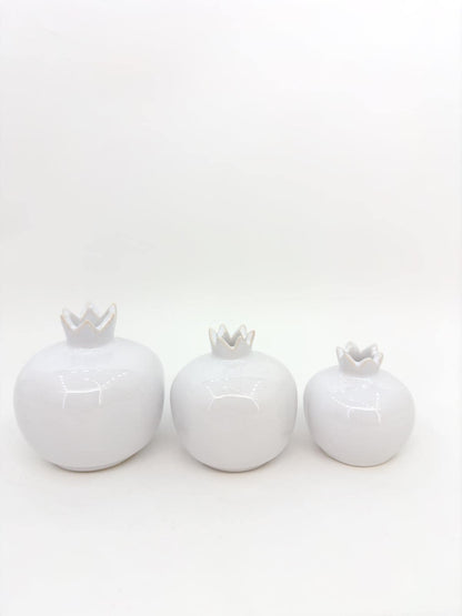 Handmade White Ceramic Pomegranate Set of 3 – Decorative Fruit Vases, Turkish Pottery Table Centerpiece,Ceramic Pomegranate for Home Decor