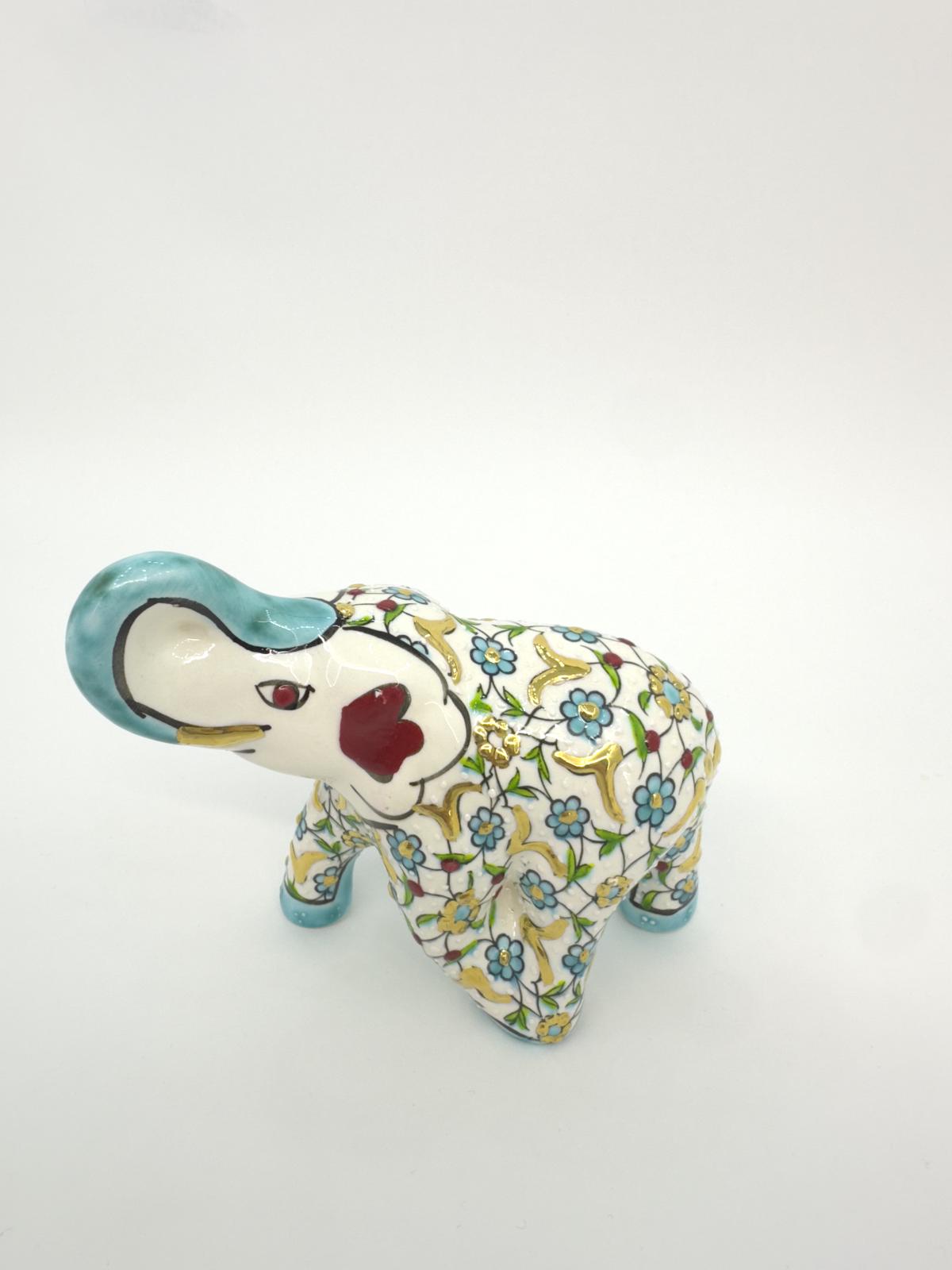 Hand-Painted Turkish Ceramic Elephant Figurine – Gold Floral Design, Unique Home Decor & Gift for Elephant Lovers