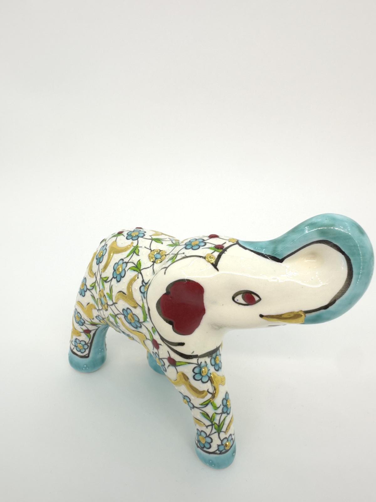 Hand-Painted Turkish Ceramic Elephant Figurine – Gold Floral Design, Unique Home Decor & Gift for Elephant Lovers