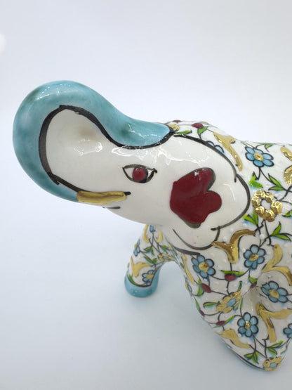 Hand-Painted Turkish Ceramic Elephant Figurine – Gold Floral Design, Unique Home Decor & Gift for Elephant Lovers
