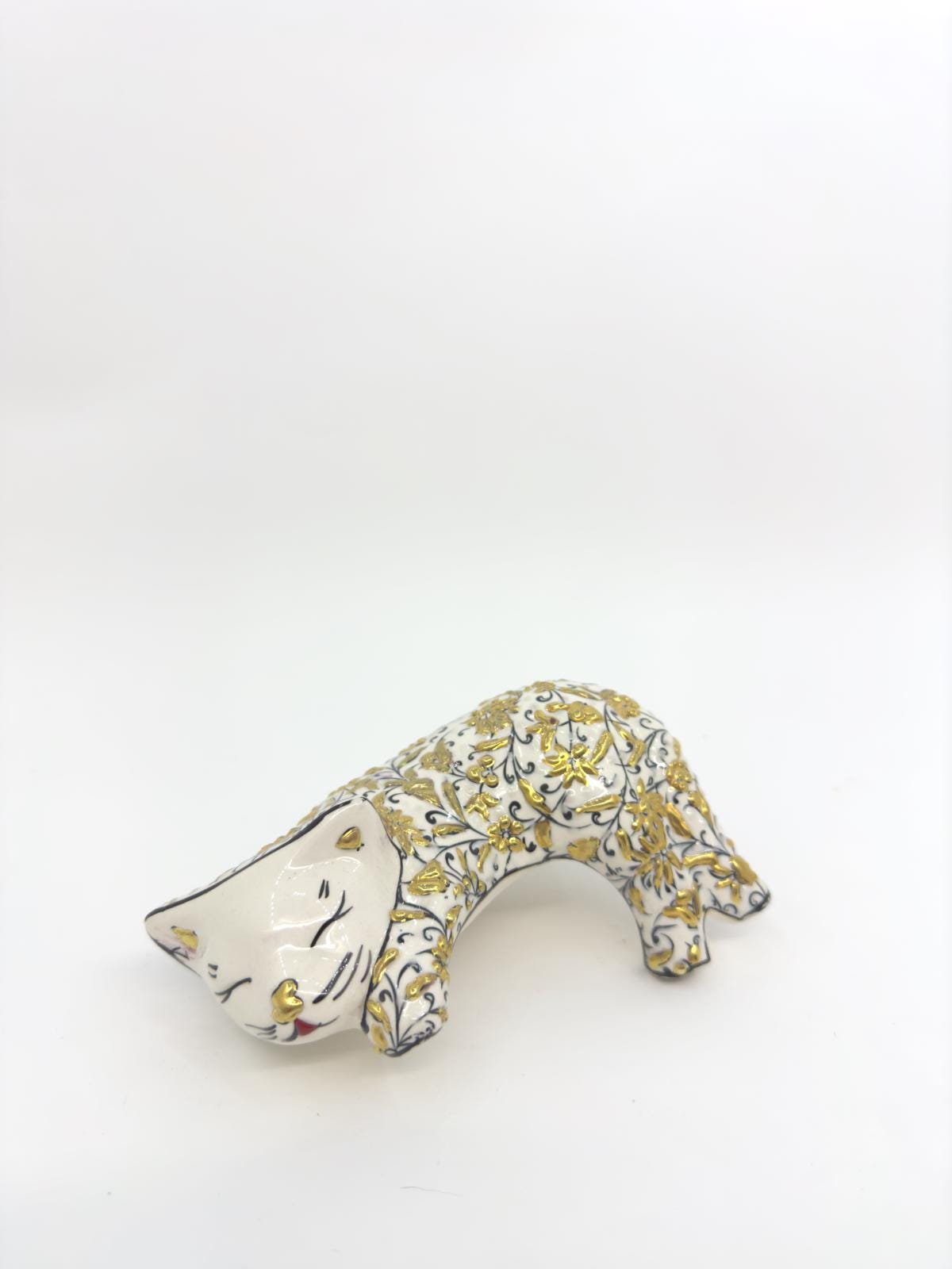 Hand-Painted Ceramic Sleeping Cat Figurine – Gold Floral Turkish Design, Unique Home Decor & Gift for Cat Lovers