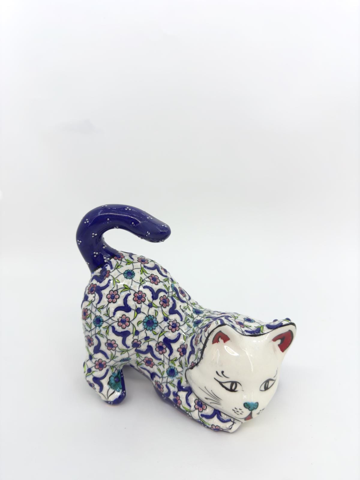 Hand-Painted Ceramic Cat Figurine – Turkish Blue Floral Ornament for Home Decor, Unique Valentine's Day Gift Idea for Cat Lovers