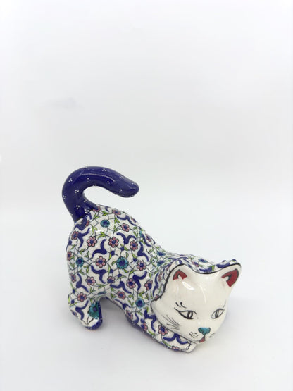 Hand-Painted Ceramic Cat Figurine – Turkish Blue Floral Ornament for Home Decor, Unique Valentine's Day Gift Idea for Cat Lovers