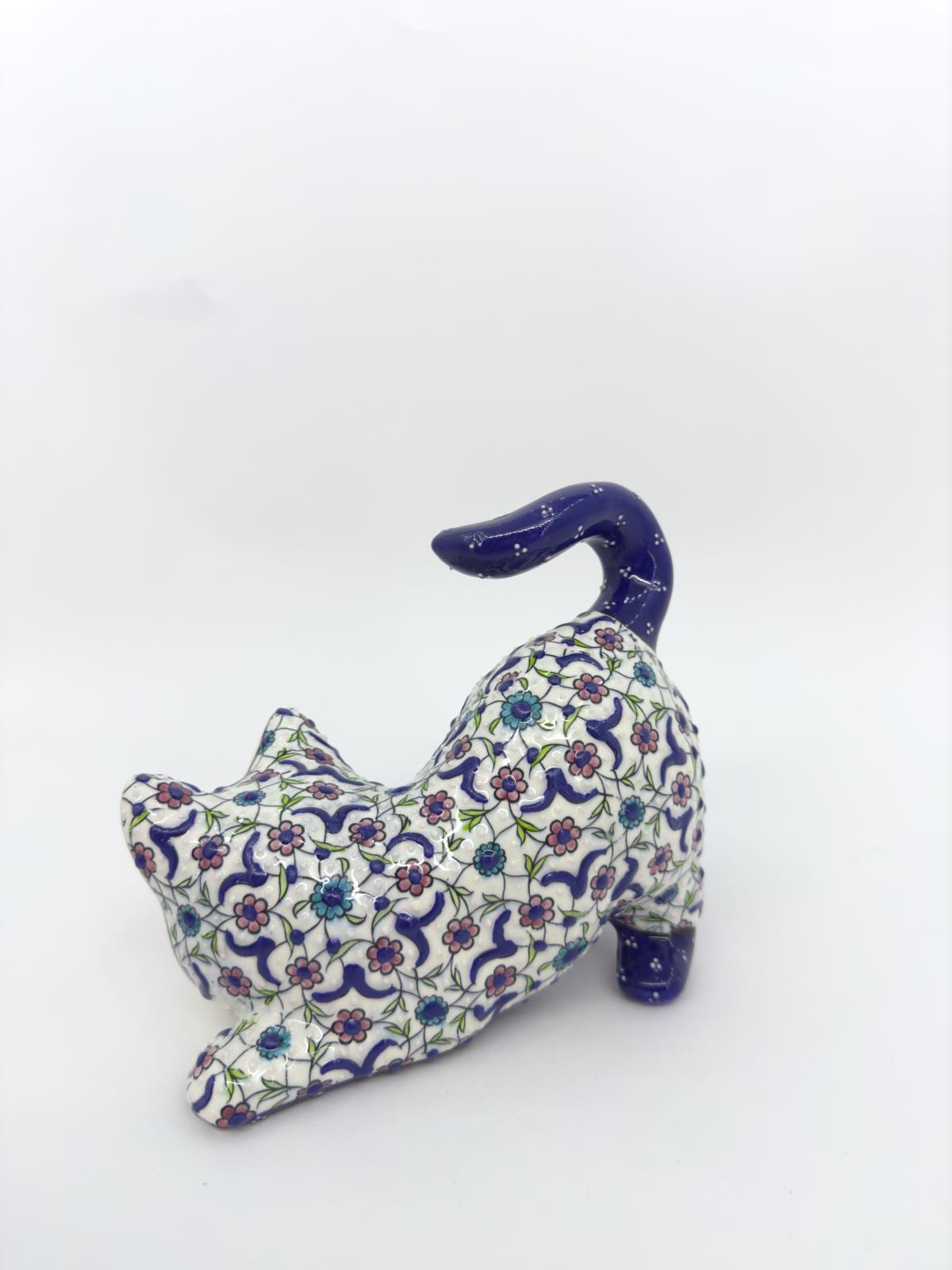 Hand-Painted Ceramic Cat Figurine – Turkish Blue Floral Ornament for Home Decor, Unique Valentine's Day Gift Idea for Cat Lovers