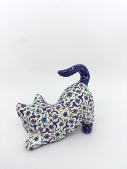 Hand-Painted Ceramic Cat Figurine – Turkish Blue Floral Ornament for Home Decor, Unique Valentine's Day Gift Idea for Cat Lovers