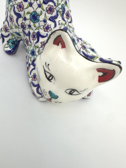 Hand-Painted Ceramic Cat Figurine – Turkish Blue Floral Ornament for Home Decor, Unique Valentine's Day Gift Idea for Cat Lovers