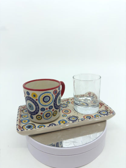 Evil Eye Turkish Coffee Set – Handmade Ceramic Coffee Cups with Saucers, Traditional Turkish Coffee Set with Glass Water Cup